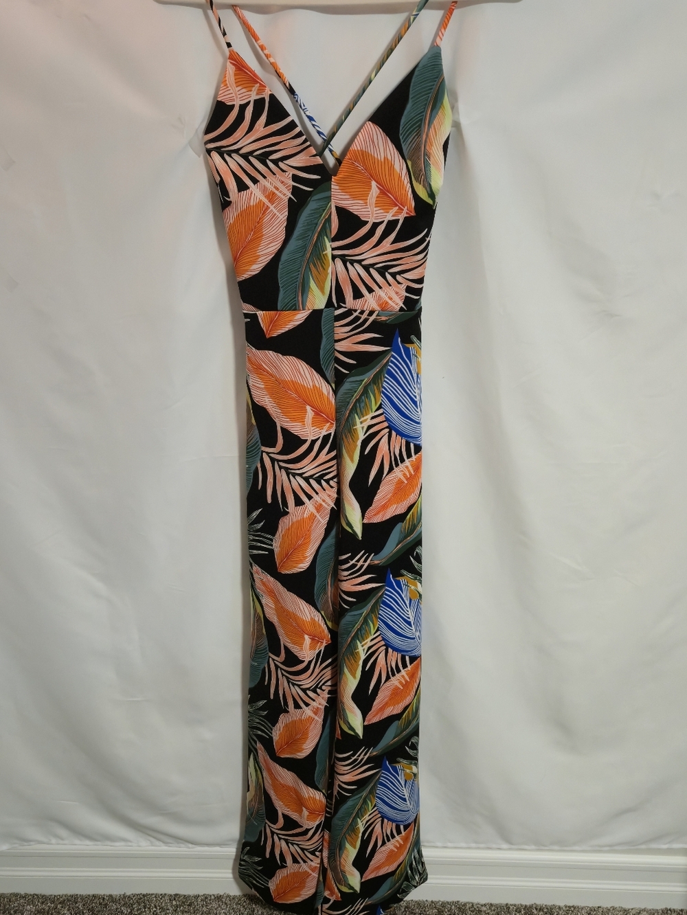 Tropical Leaf-Print Spaghetti-Strap Jumpsuit - Black/Orange
